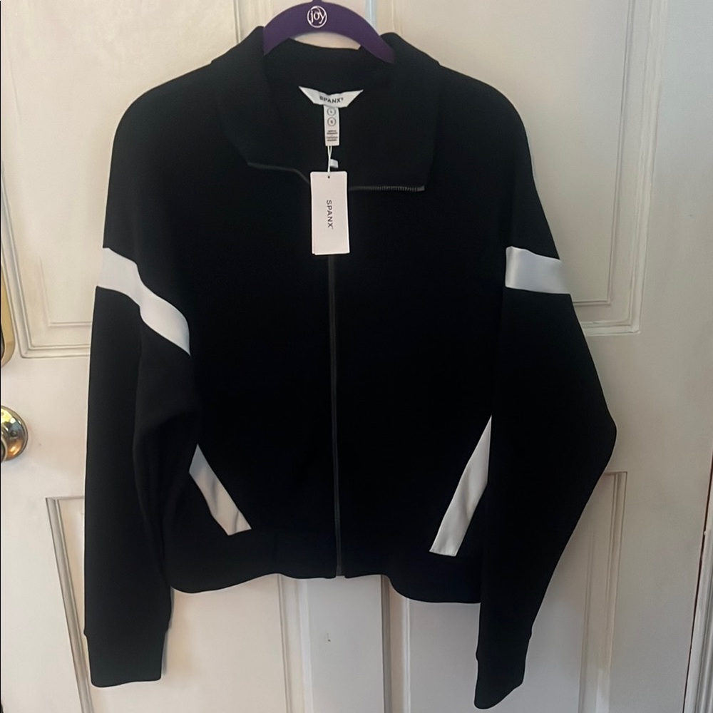 SPANX Black and White Bomber Jacket with Modern Athletic Style